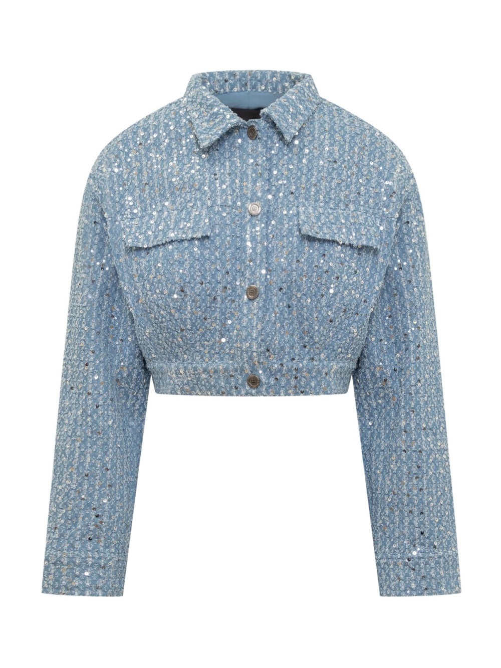 Cropped Sequin Denim-Style Jean Jacket - Light Blue
